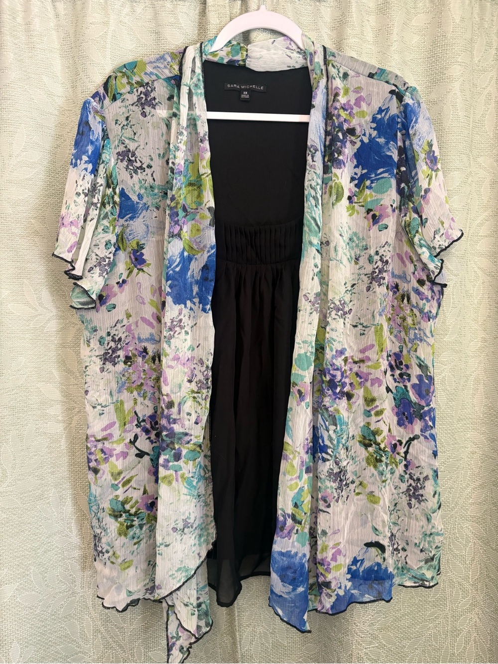 Sara Michelle Sheer Floral Layered Blouse in Blue, Green & Purple Accents